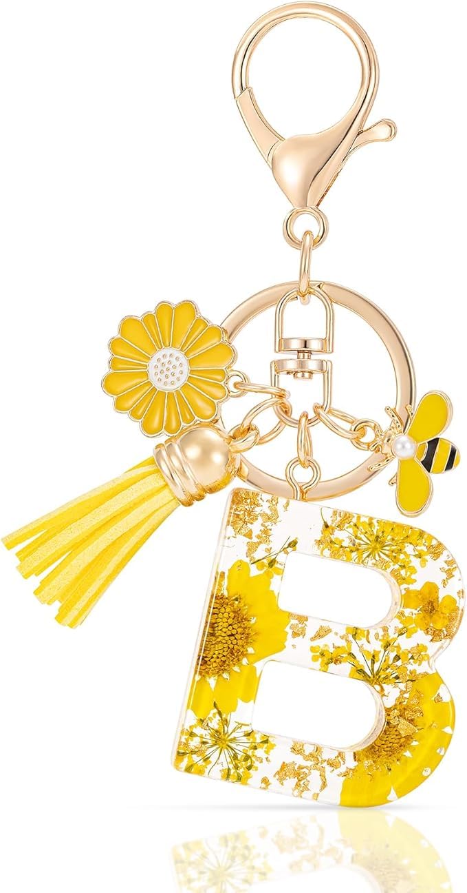 El Regalo Personalized Name Initials Natural Flowers & Bee Charm Keychain - Custom Letter Keyring with Daisy Flower & Honey Bee Pendant, Purse, Bag, Backpack Accessory (Letter B)