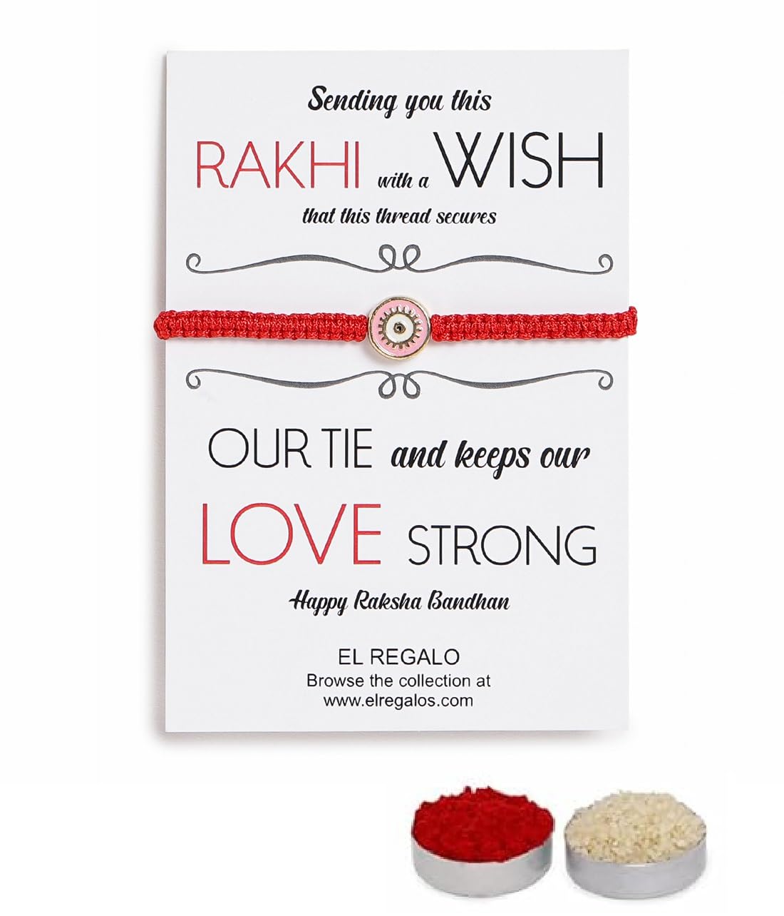 El Regalo Fancy Red Evil Eye Rakhi for Brother/Bhai- Designer Evil Eye Rakhi for Brother with Roli Chawal, Rakhi Message Card in Rakhi Gift Box (Pink Evil Eye)