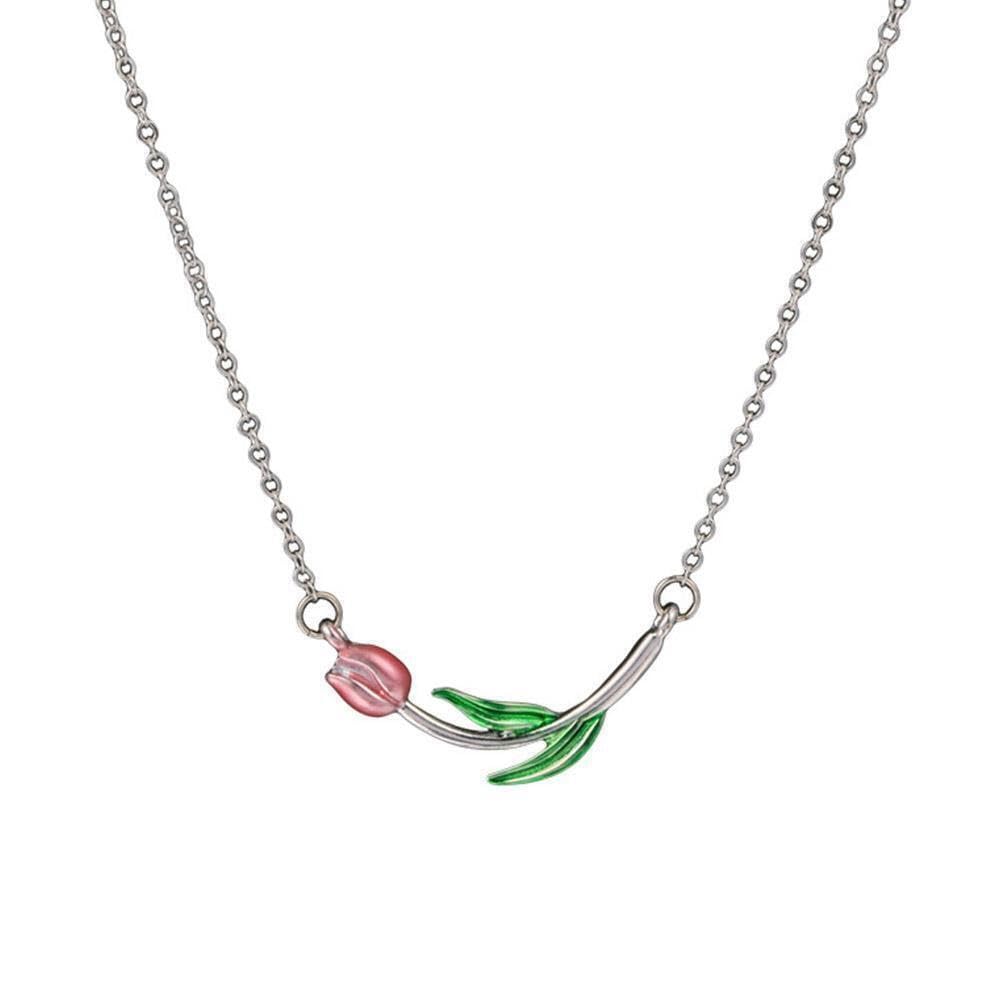 El Regalo 1PC Tulip Flower Bud Pearl Pendant Necklace for Girls & Women- Pink Oil Dripping Enamel Tulip Flower Necklace (Tulip Flower)