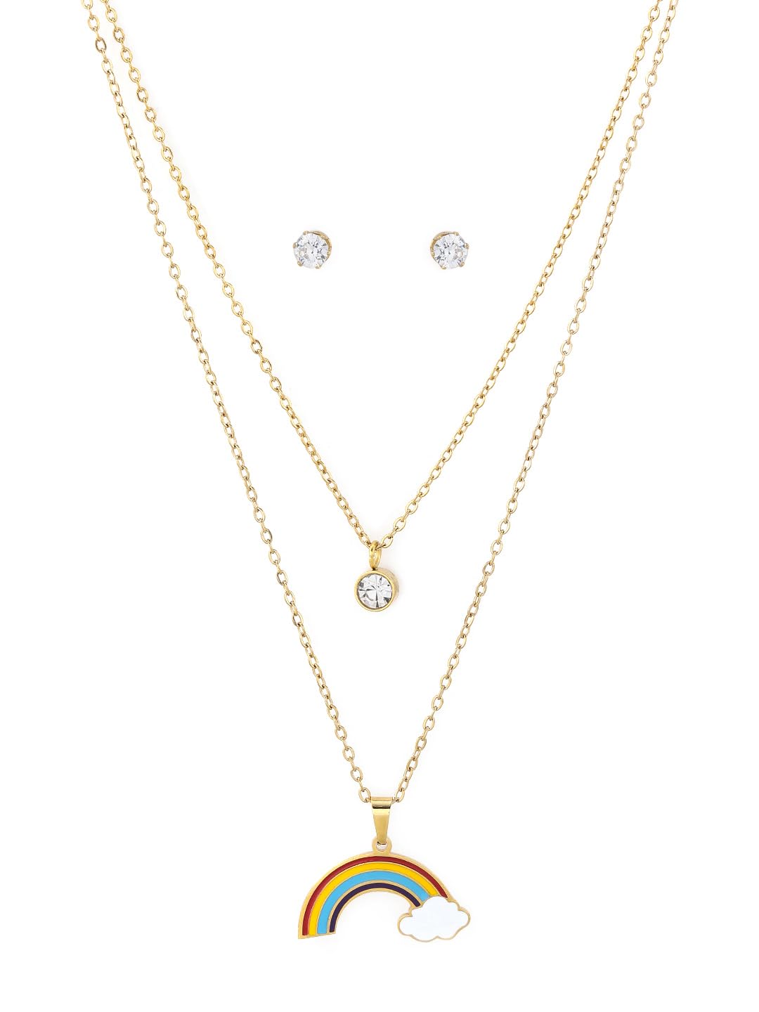 El Regalo Stainless Steel Rainbow Cloud Double Layer Necklace & Earrings Set - Anti Tarnish, Waterproof Jewelry for Kids, Girls, Women - Cute and Elegant Jewelry Set