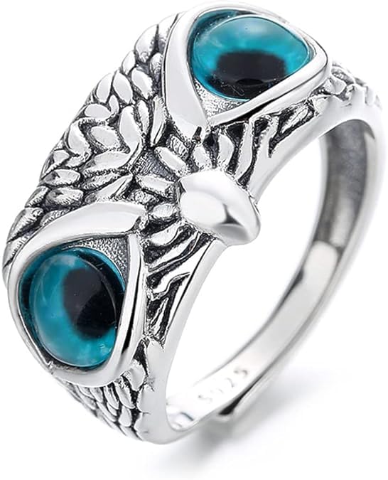 El Regalo Women Adjustable Eye Owl Ring- Retro Gothic Trendy Vintage Owl Band Finger Rings (Blue)