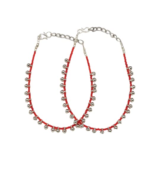 El Regalo 1 Pair German Silver Anklets Set- Evil Eye Red Beads/Ghungroo Anklets Set for Women & Girls (Ghunroo Red Beads Anklet)