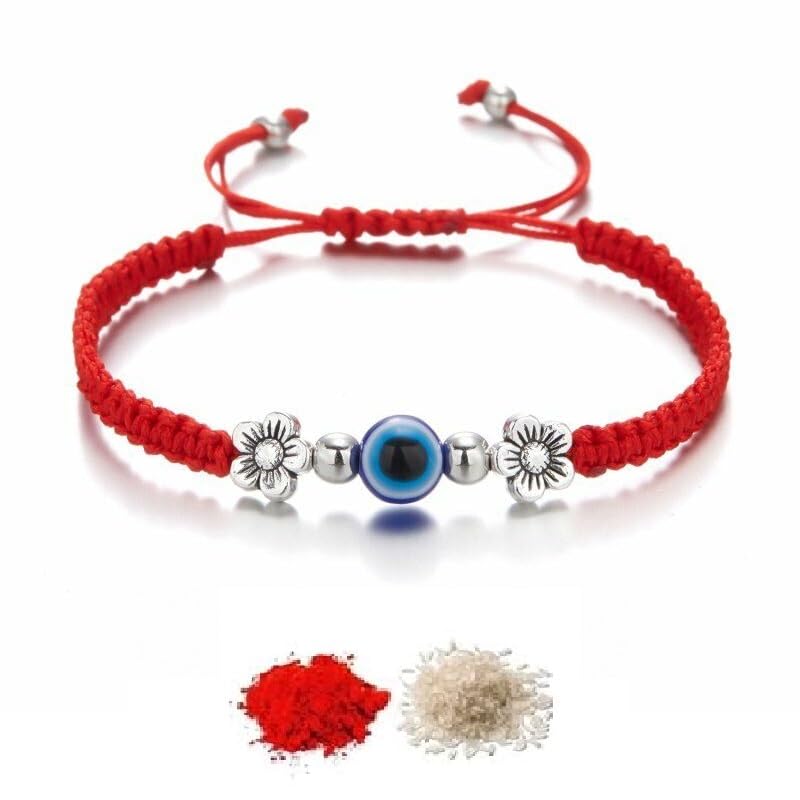 El Regalo 1 PC Red Thread Evil Eye Handmade Rakhi for Brother- Rakhi Gift Box with Evil Eye Rakhi, Shagun Pack & Message Card in Gift Box - Rakhi for Bhai/Bhabhi/Bhatija/Bhatiji (Flower Evil Eye)
