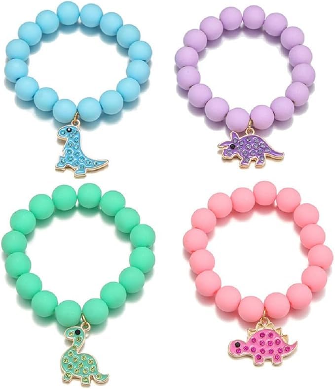 El Regalo 4PCs Cute Dinosaur Beaded Bracelet Set - Pastel Color Acrylic Dino Charm Bracelets for Girls & Kids