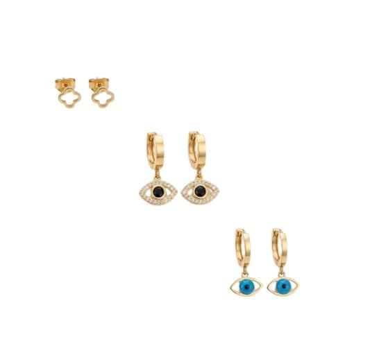 El Regalo Luxury 3 Pairs Earrings Combo Set for Girls & Women | 18K Gold Plated Anti-Tarnish Evil Eye & Clover Motif Earrings | Western Jewelry for Office, Party & Casual Style (Style-2)