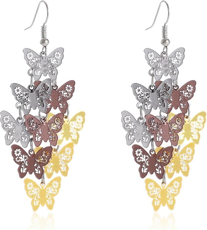 El Regalo Women's & Girl's Butterfly Earrings Mix Color Bohemia Style Long Drop Dangle Hook Earrings, Fashion Style Butterfly Earrings (Gradient Gold)