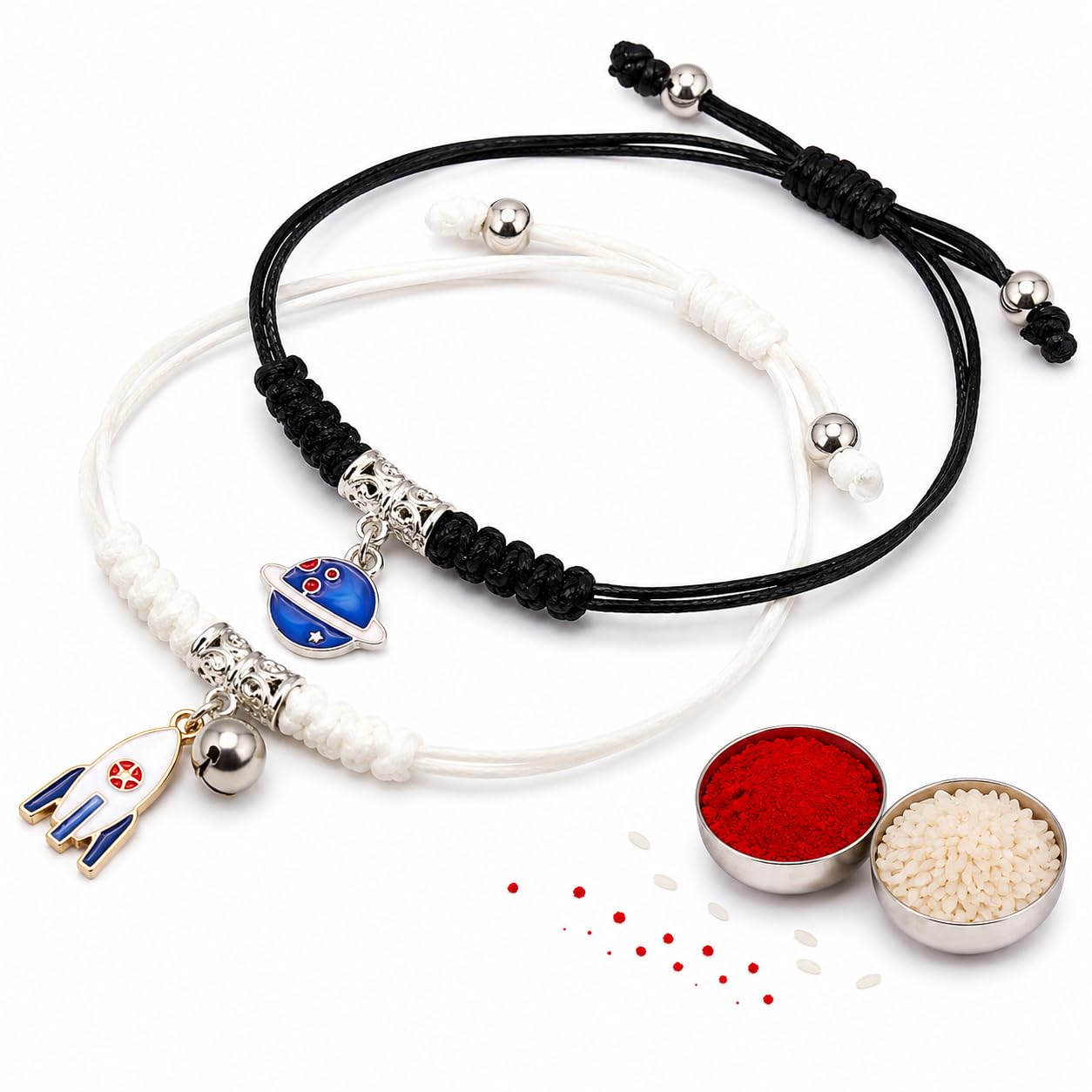 El Regalo 2PCs Kids Rakhi Combo Set for Brother- Space Theme (Planet & Rocket) Charms Bracelets with Roli Chawal, Rakhi Message Card in Rakshabandhan Box