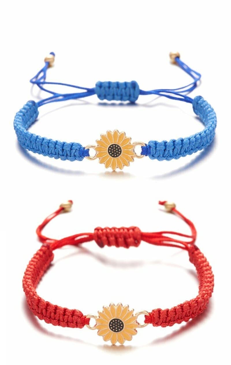 El Regalo 2 PCs Sunflower Daisy Bracelet - Adjustable Sunflower Bracelets for Best Friends/Besties - Sunflower Pinky Promise Bracelets for Kids Girls/Teens/Women (Blue & Red Sunflower Bracelet)