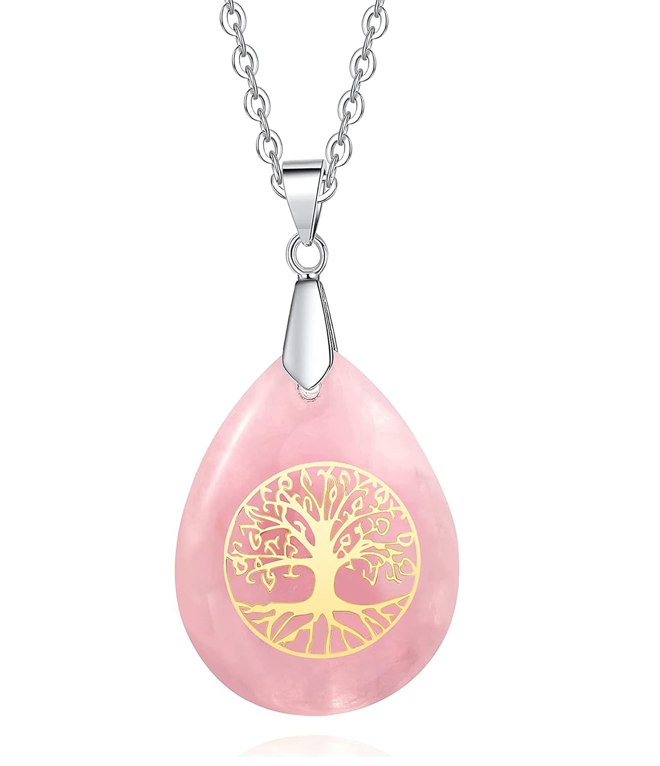 El Regalo Tree of Life Rose Quartz Drop Healing Crystal Chakra Pendant Necklace- Rose Quartz Jewelry for Girls & Women