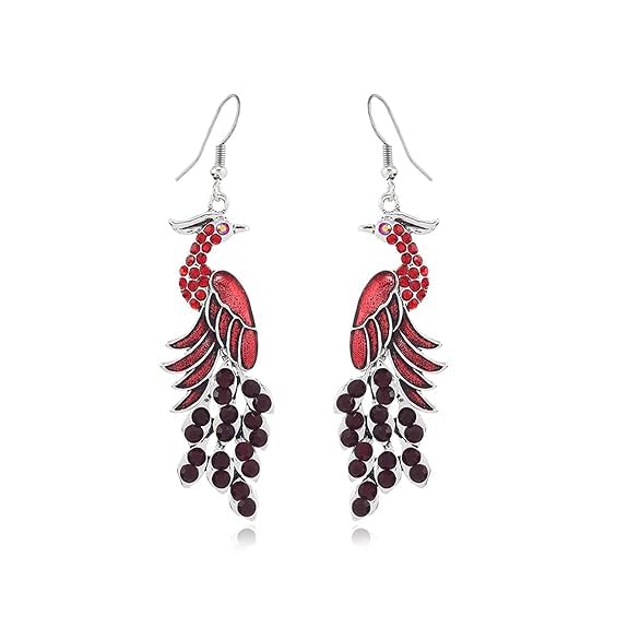 El Regalo Vintage Ethnic Peacock Earrings for Women- Elegant Oil Drop Rhinestone Dangle Earring Party Jewelry (Red)