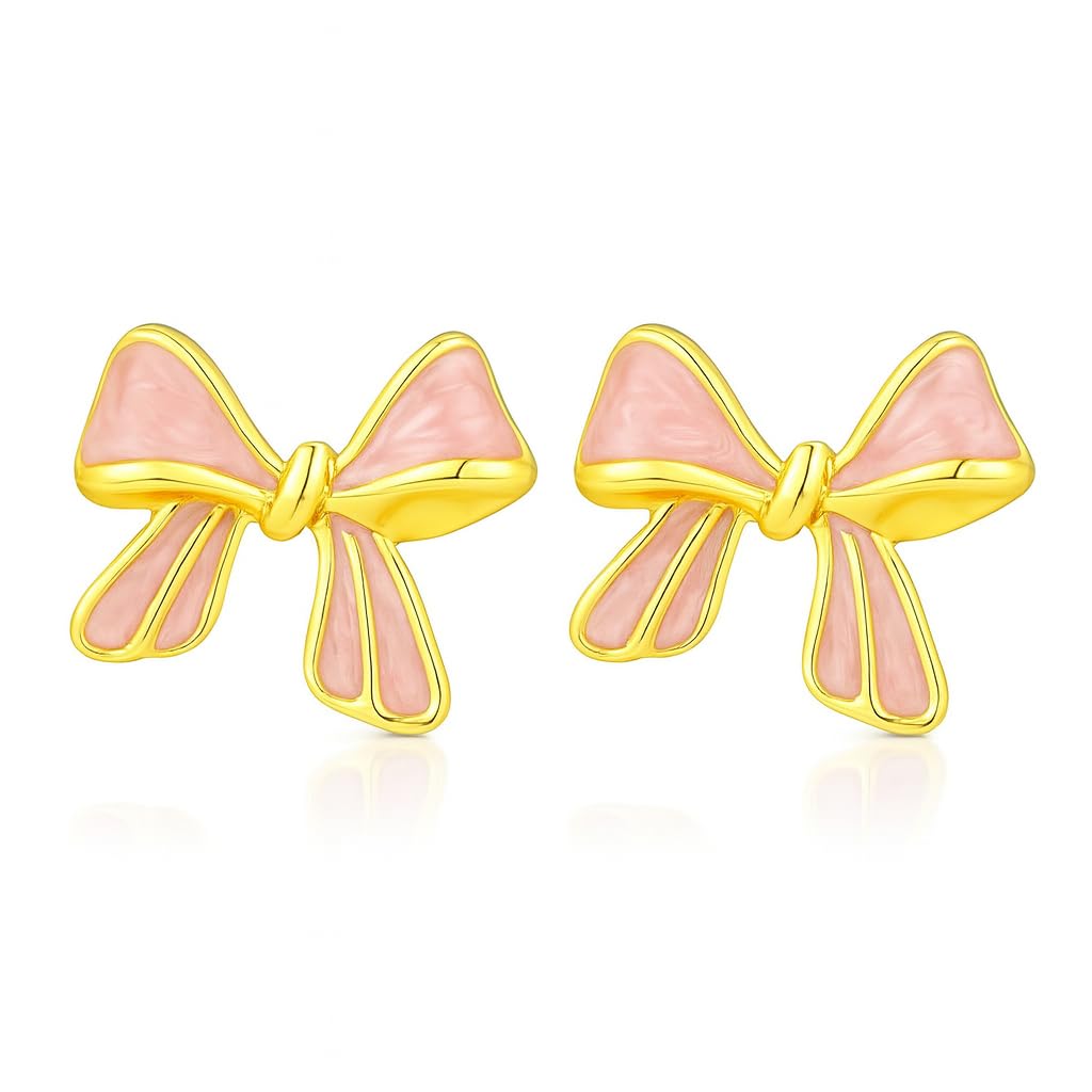 El Regalo 1Pair Stainless Steel Anti-Tarnish Pink Enamel Earrings for Girls & Women | Trendy & Cute Leaf, Bow, Ribbon, Strawberry & Butterfly Stud Earrings (Ribbon Bow Stud)