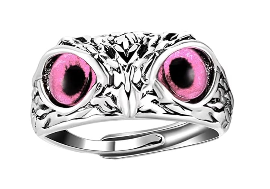 El Regalo Women Adjustable Eye Owl Ring- Retro Gothic Trendy Vintage Owl Band Finger Rings (Pink)