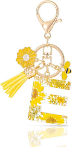El Regalo Personalized Name Initials Natural Flowers & Bee Charm Keychain - Custom Letter Keyring with Daisy Flower & Honey Bee Pendant, Purse, Bag, Backpack Accessory (Letter E)