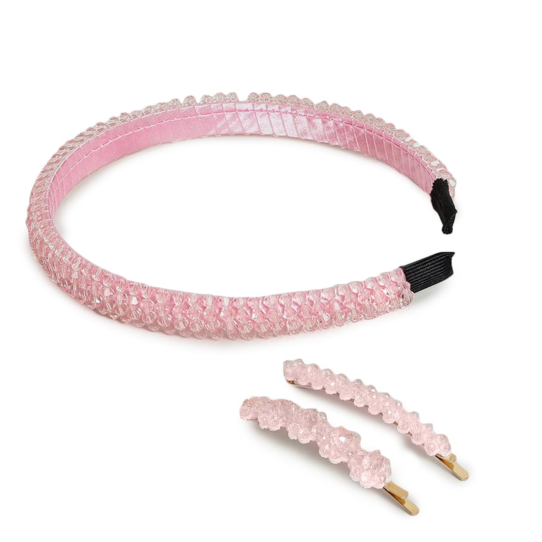 El Regalo 3 PCs Rhinestone Crystal Headband & Hair Clips Set - Shiny Non-Slip Beaded Party Hairband Hair Band with 2 Hair Clisp - Hair Accessories Hair Decoration for Women Girls (Pink)