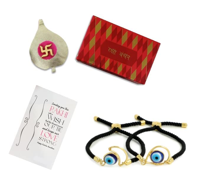 El Regalo Elegant 2 Evil Eye Rakhi Combo with shagun and Raksha Bandhan Card - Lucky Evil Eye Protection Rakhi to Avoid Negative Energies for Brother/Sister-in-Law/Niece or Nephew (Option-1)