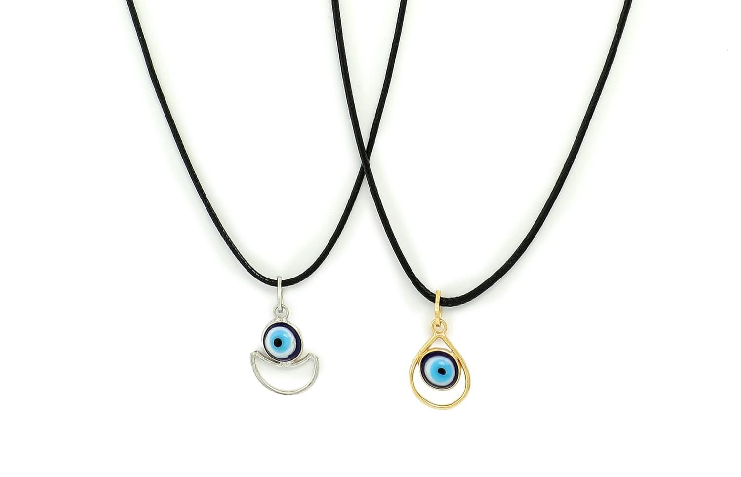 El Regalo 2 PCs Blue Evil Eye Unisex Pendant Cord Necklace for Kids/Girls/Boys/Men & Women - Turkish Blue Silver & Golden Handmade Evil Eye Necklaces (Option-1)