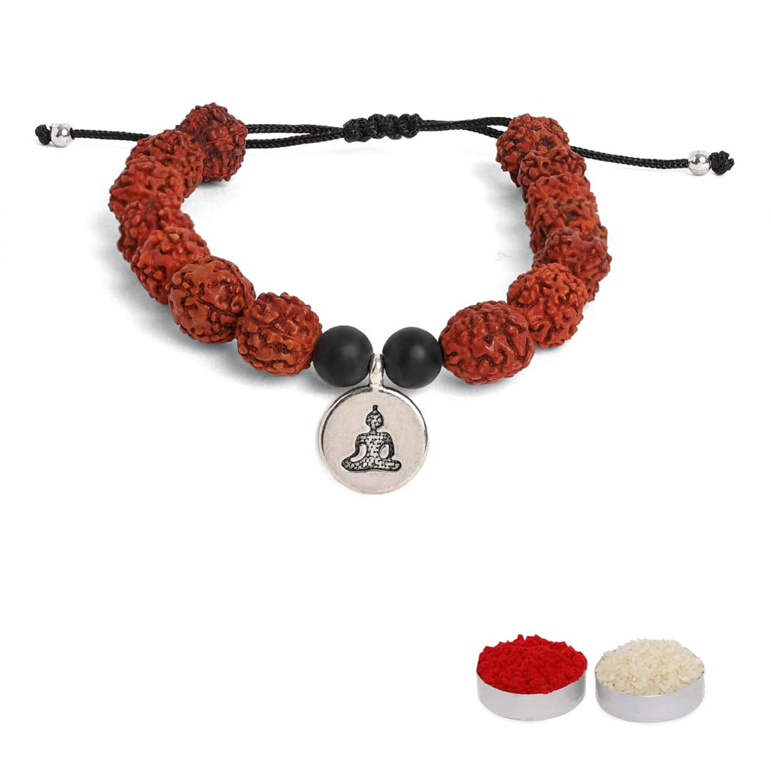 El Regalo 1PC Auspicious Natural Rudraksha & Lava Beads Rakhi for Brother- Designer Rudraksha Beads Rakhi with Roli Chawal, Rakhi Message Card in Rakhi Gift Box (Silver Budhdha)