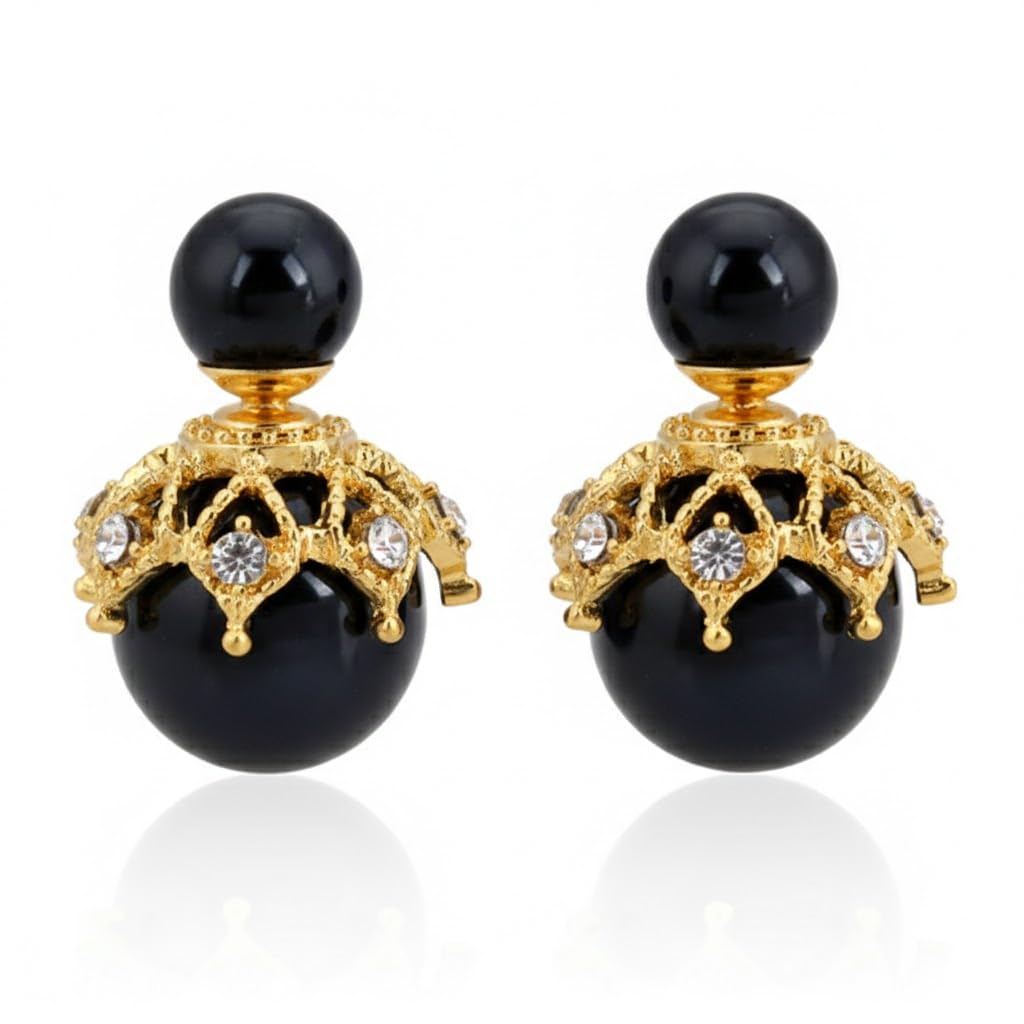 El Regalo Beautiful Double Sided Pearl Earrings for Women - Elegant Crown Rhinestone Front Back Studs | Korean Style Moti Earrings (Black Gold)