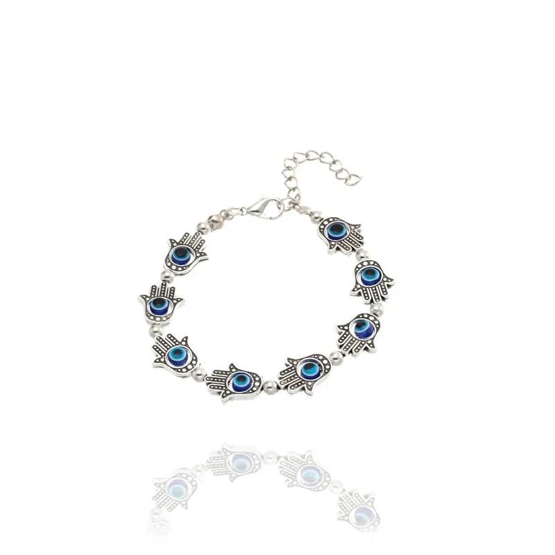 El Regalo Evil Eye Hamsa Hand Turquoise Green Beads Bracelet for Girls & Women- Antique Finish Hamsa Hand Sleek Bracelet (Blue Evil Eye Beads)