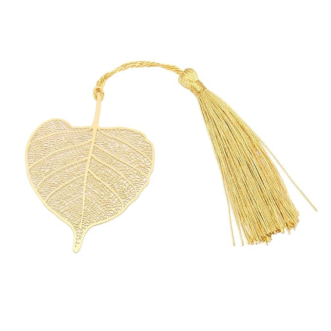 El Regalo Exquisite Metal Leaf Bookmark with Tassel - Gold Plated Hollow Leaves Brass Bookmarks for Students, Book Lovers, Writers, Teachers (Golden Peepal Leaf)