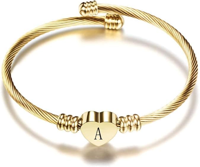 El Regalo Golden Stainless Steel Heart Name Initials/Letters Cuff Bracelet for Girls/Women- Gold Plated A-Z Personalized Name Letter Heart Bracelet (A Letter)