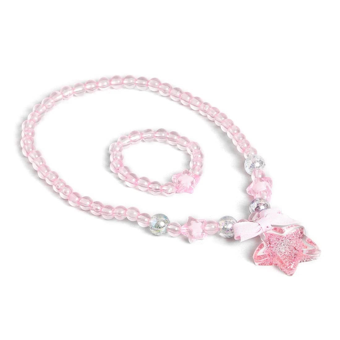El Regalo 1 Pair Girls Kids Glittery Star Beads Princess Necklace & Bracelet Sets- Acrylic Star Beads Princess Necklace Bracelet Jewelry Set for Girls Kids (Pink Star)