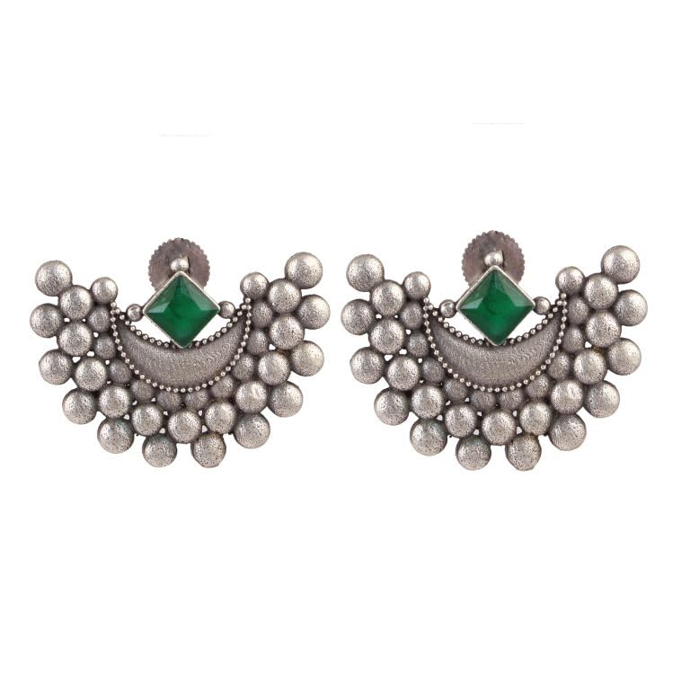 El Regalo Oxidized Earrings for Women- Moon Inspired Silver Lookalike Statement Brass Earrings in Antique Silver Finish (Green)