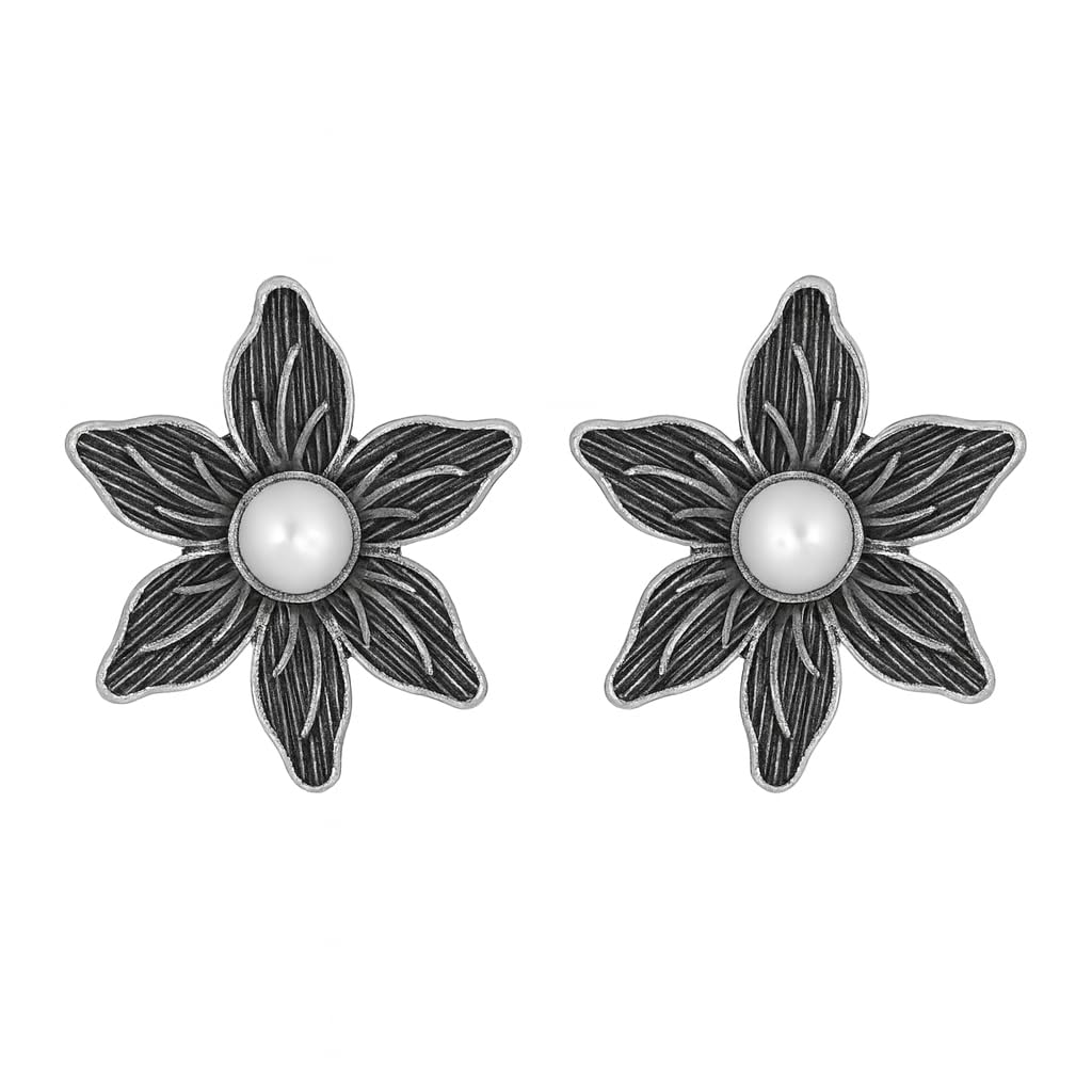 El Regalo Oxidized Flower Earrings with Pearl - Silver Lookalike Brass Earrings in Antique Silver Finish for Women & Girls