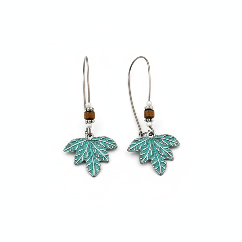 El Regalo Bohemian Antique Leaf Hook Earrings - Patina Finish Nature Inspired Dangle Earrings with Wooden & Bead Accents (Style-1)