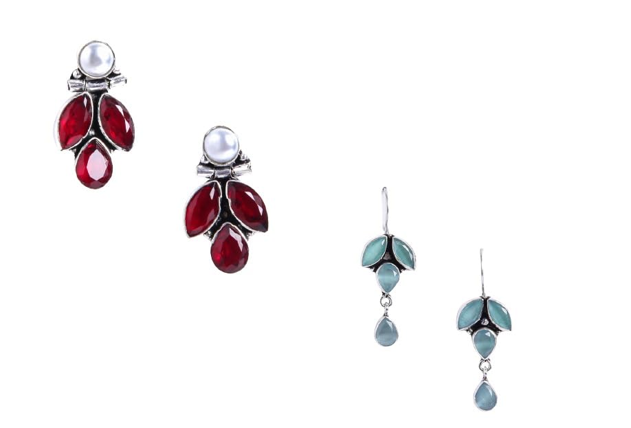El Regalo 2 Pairs 925 Silver Plated Vintage Stones & Pearls Earrings Combo Set for Women & Girls- Silver Lookalike Statement Pearls Stones Earrings (Option-1)