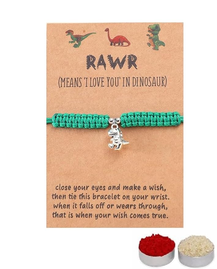 El Regalo Cute Rakhi for Brother- Fancy Tyrannosaurus Dinosaur Bracelet Rakhi for Bhai with Roli Chawal, Rakhi Message Card in Rakhi Gift Box (Green)