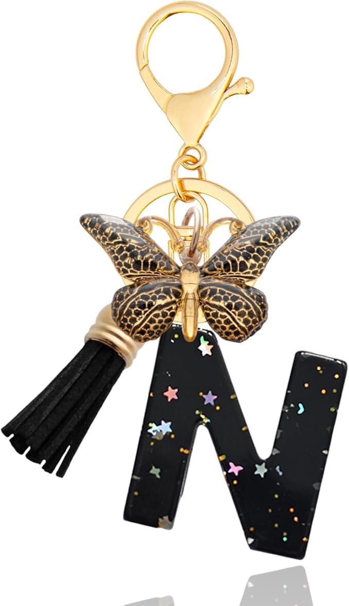 El Regalo Personalized Name Initials Butterfly Charm Keychain - Name Letter Keyring with Black & Golden Tassel & Butterfly Pendant, Purse, Bag, Backpack Accessory (N Letter)
