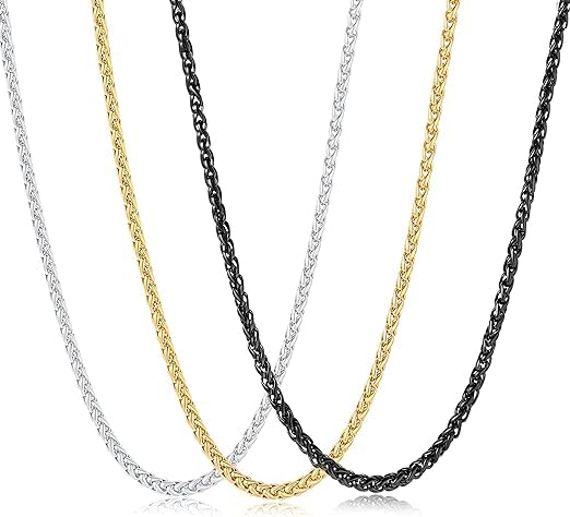 El Regalo 3PCs Stainless Steel Chains for Boys/Men- Anti Tarnish Gold, Black & Silver Wheat Chains for Mens Boys Jewelry Gift