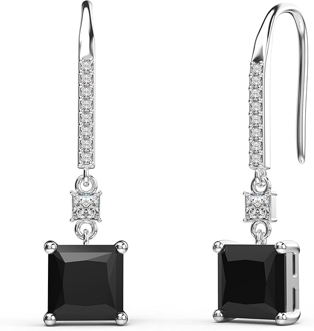El Regalo Square Princess Cut Cubic Zirconia Dangle Earrings for Women & Girls | Elegant Drop Earrings in Black & Royal Blue Sapphire | 925 Silver Plated CZ Statement Earrings (Black)