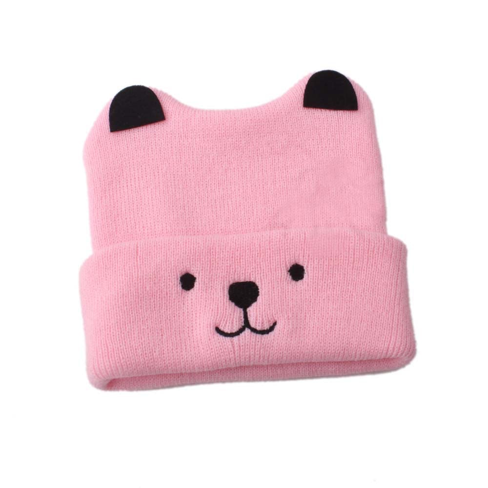 El Regalo Toddler Baby Soft Caps | Beanie Earflaps Little Girl Boy Colorful Cartoon Bear Warm Knit Hat (1-3 Years) (Pink)