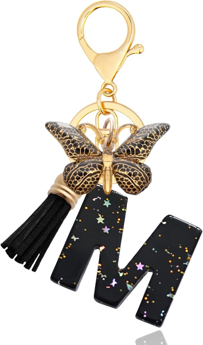 El Regalo Personalized Name Initials Butterfly Charm Keychain - Name Letter Keyring with Black & Golden Tassel & Butterfly Pendant, Purse, Bag, Backpack Accessory (M Letter)