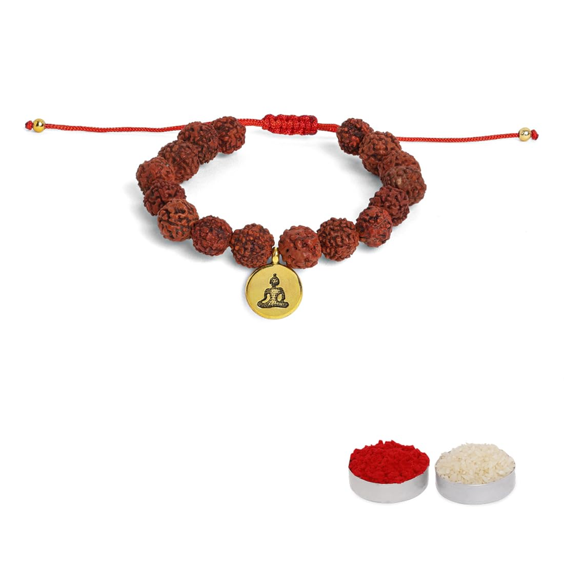 El Regalo 1PC Auspicious Natural Rudraksha & Lava Beads Rakhi for Brother- Designer Rudraksha Beads Rakhi with Roli Chawal, Rakhi Message Card in Rakhi Gift Box (Golden Budhdha)