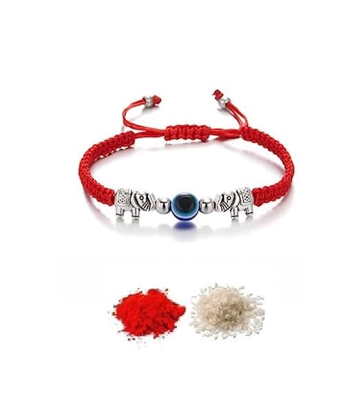 El Regalo 1 PC Red Thread Evil Eye Handmade Rakhi for Brother- Rakhi Gift Box with Evil Eye Rakhi, Shagun Pack & Message Card in Gift Box - Rakhi for Bhai/Bhabhi/Bhatija/Bhatiji (Elephant Evil Eye)