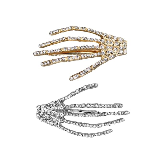 El Regalo 2PCs CZ Halloween Skeleton Hair Clips- Rhinestone Zombie Punk Rock Hand Hair Clip- Alligator Claws Barettes Clips- Halloween Costume/Accessories for Girls/Women (1 Gold 1 Silver)