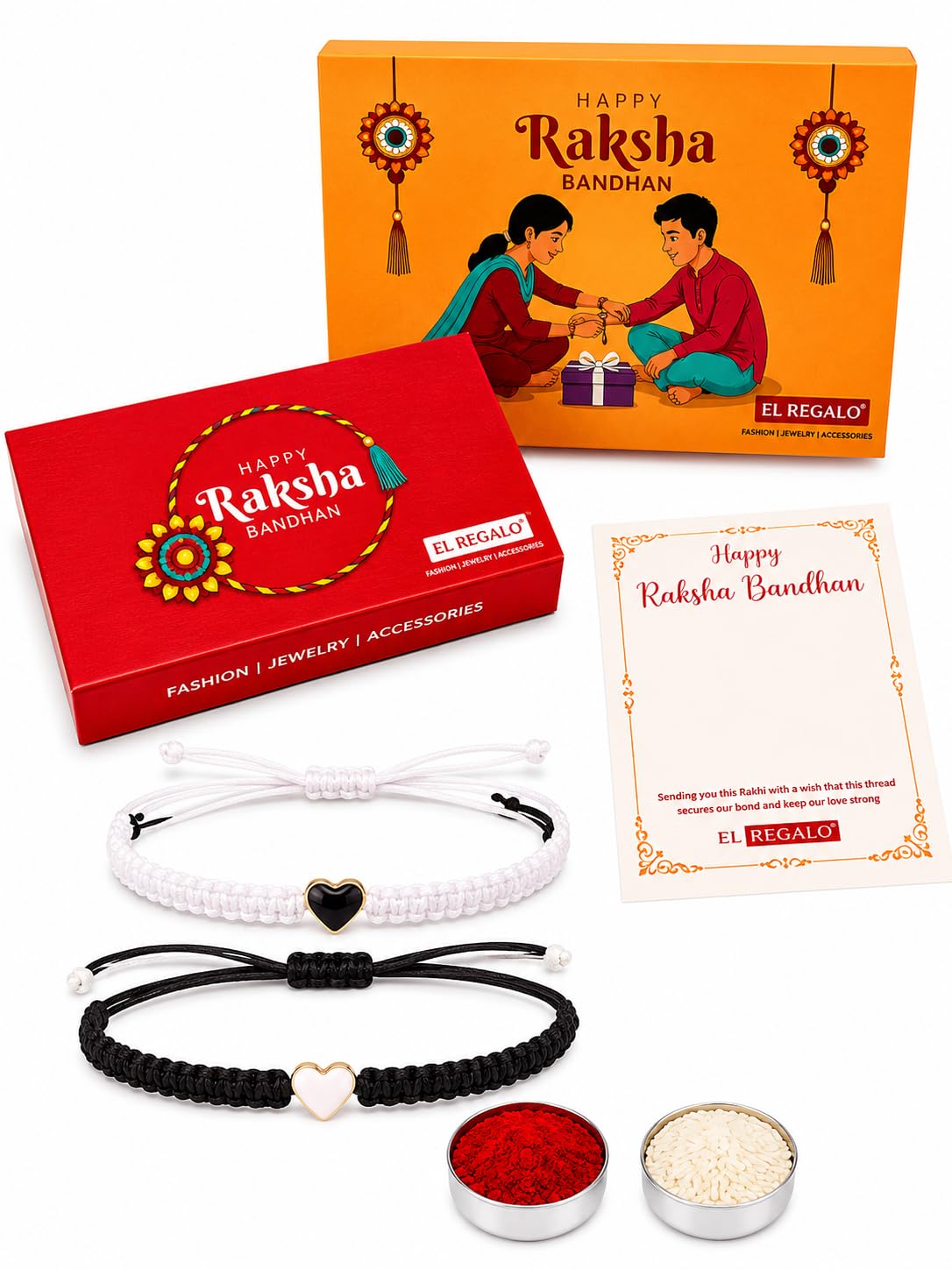 El Regalo 2PCs Minimalist & Elegant Heart Bracelet Rakhi Combo Set for Brother/Bhai/Bhaiya-Bhabhi with Roli-Chawal & Rakhi Gift Box - Handwoven, Beautifully Packaged (Black & White)
