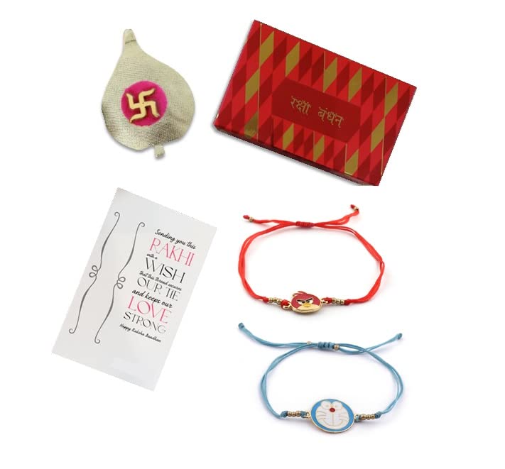 El Regalo 2 PCs Kids Rakhis Combo Set - beautiful 2 Kids Rakhis Set with shagun, Rakhi Message Card in Rakhi Gift Box for Little Brother/Niece/Nephew (Angry Bird & Doremon Rakhi)