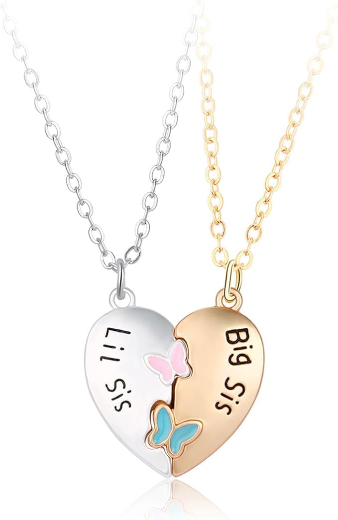 El Regalo 2PCs Big Sis/Lil Sis Magnetic Butterfly Heart Necklaces Set for Girls/Sisters/Best Friends/Soul Sisters