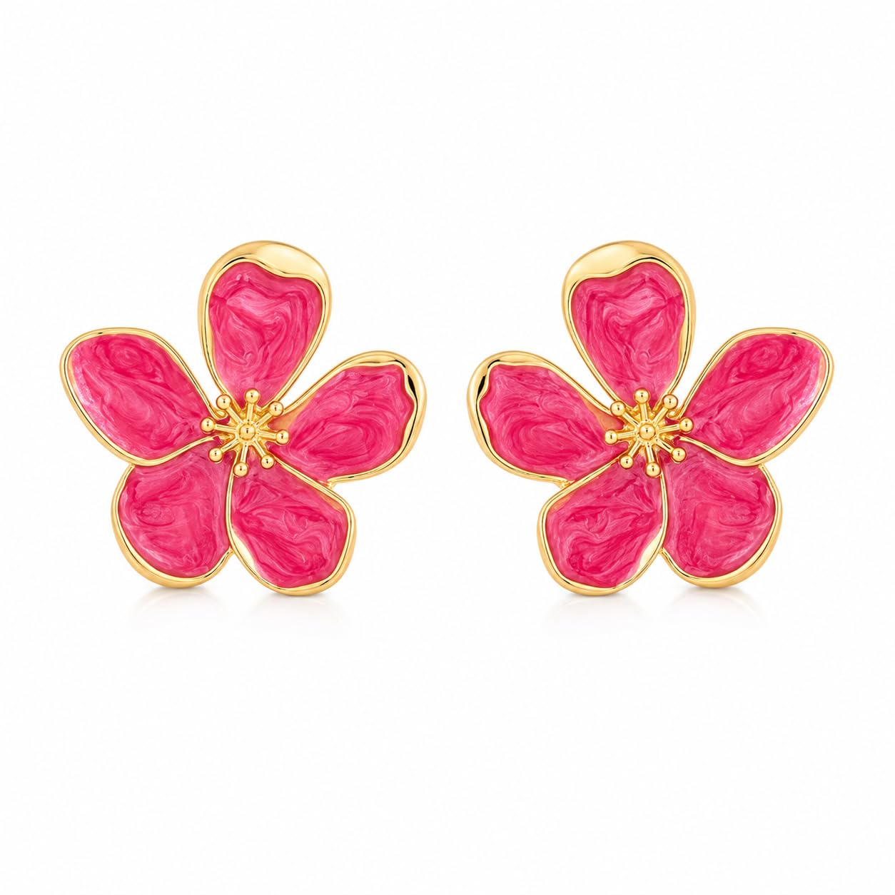 El Regalo Enameled Flower Stud Earrings for Women- Trendy Statement Big Flower Earrings (Magenta Red)