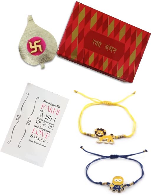 El Regalo 2 PCs Kids Rakhis Combo Set - beautiful 2 Kids Rakhis Set with shagun, Rakhi Message Card in Rakhi Gift Box for Little Brother/Niece/Nephew (Tiger & Minion Rakhi)