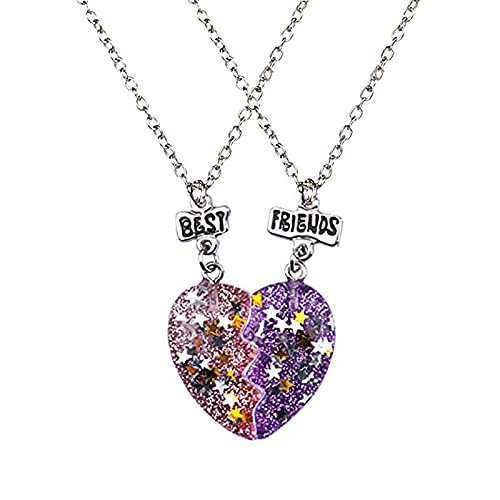 EL REGALO 2 Pcs Best-Friend Pink Purple Resin Heart Pendant Necklace Set For For Girls