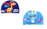 El Regalo 2 PCs Swim Cap Kids/Toddlers, Comfortable Breathable Polyester Fabric Swimming Caps Cute Cartoon Dolphin, Shark, Owl, Mermaid Fairy, Unicorn, Giraffe Swim Caps (Dinosaur & Blue Owl)