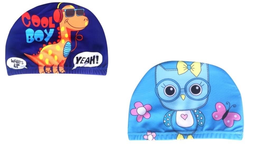 El Regalo 2 PCs Swim Cap Kids/Toddlers, Comfortable Breathable Polyester Fabric Swimming Caps Cute Cartoon Dolphin, Shark, Owl, Mermaid Fairy, Unicorn, Giraffe Swim Caps (Dinosaur & Blue Owl)