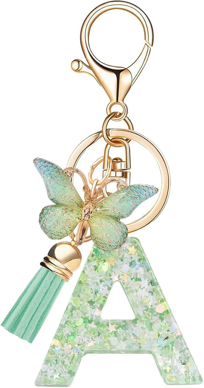 El Regalo Personalized Name Initials Butterfly Charm Keychain - Name Letters Keyring with Green Butterfly & Stars Filled Resin & Tassel Pendant, Purse, Bag, Backpack Accessory (Letter A)