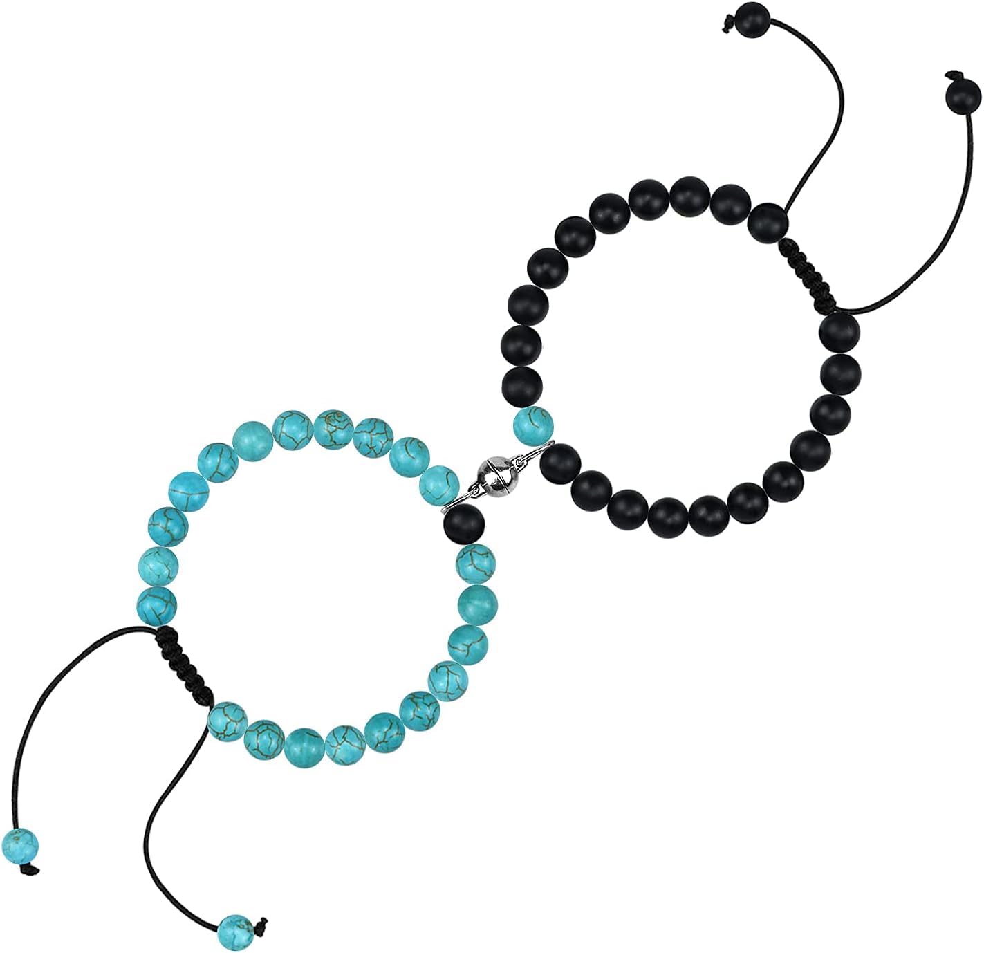 El Regalo 2PCs Magnetic Natural Stones Unisex Bracelets for Couples, Best Friend, Boyfriend & Girlfriend, Long Distance Connecting Bracelets Set- Valentines Day Gift (Turquoise & Black)