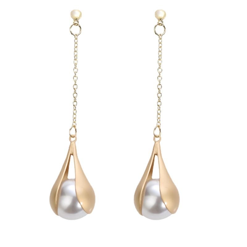 El Regalo Fancy Pearl Earrings- Pearl Zircon Inlaid Dangle Earrings for Girls & Women- Pearl Tassel Long Earrings (Long Tassel Pearl Studs)